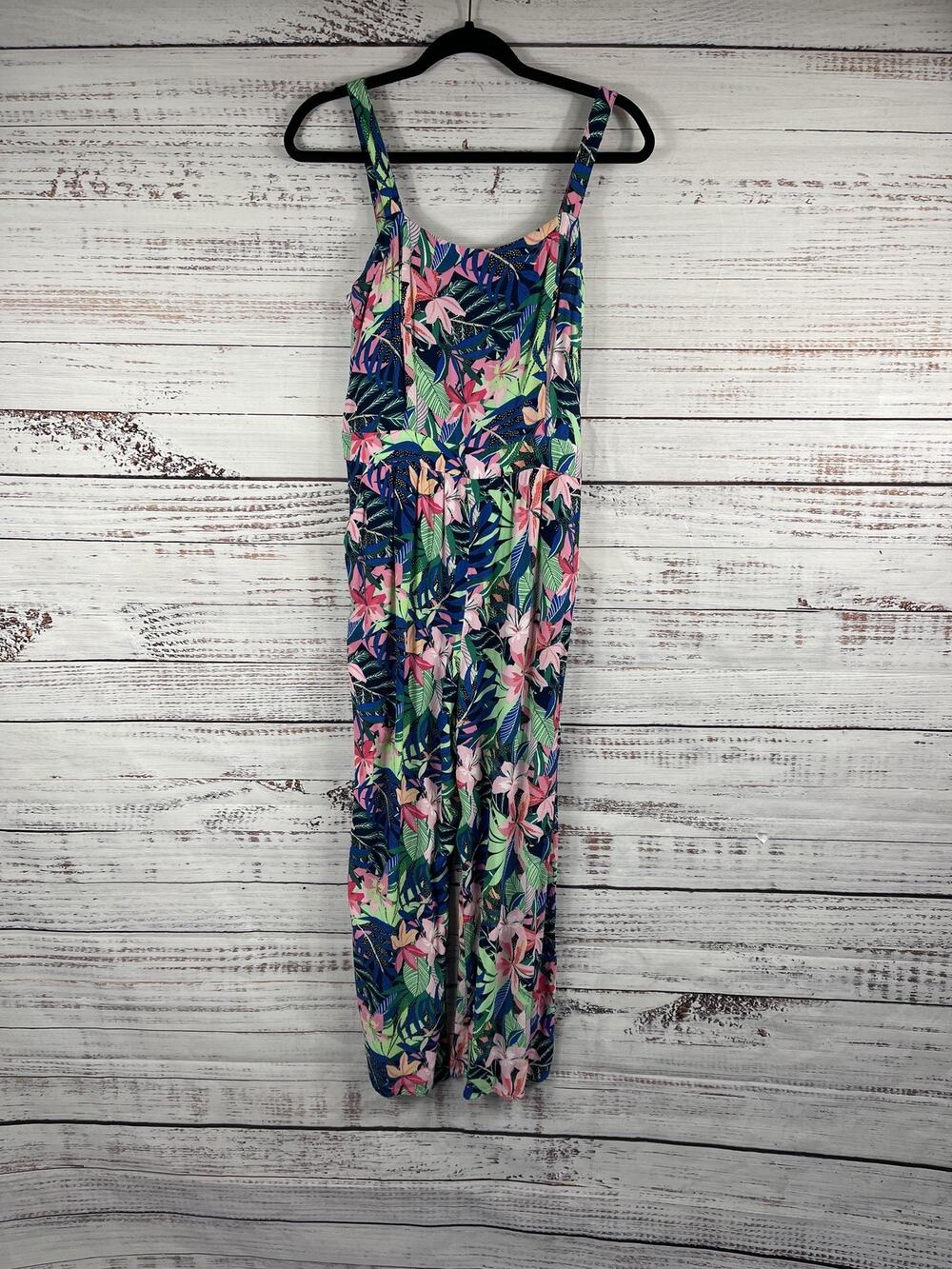 Loft Jumpsuit Women's Size 8 Multicolor Tropical Floral Wide Leg Smocked Pockets